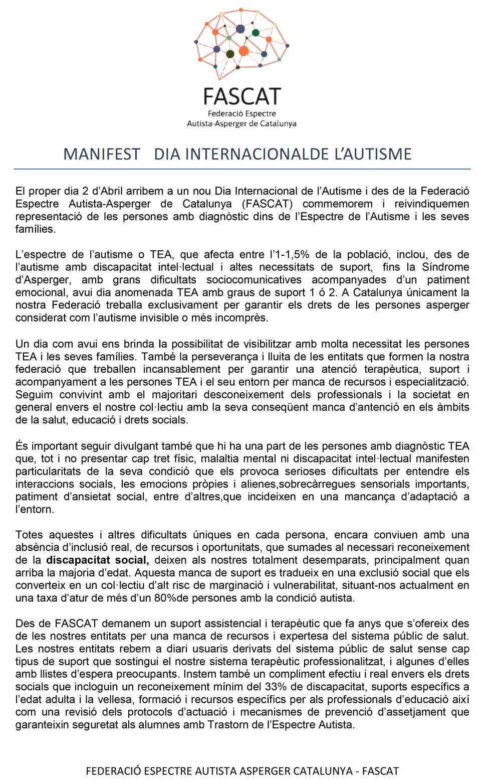 Manifest del Dia Internacional de l'Autisme